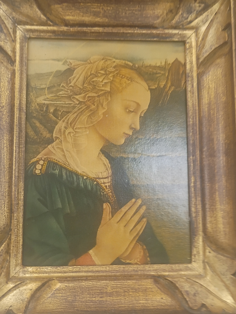 Classic Prayer Portrait Art Print in Green and Cream